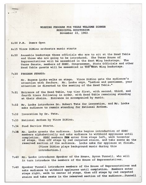 Press Kit & ''Working Program'' for the Dinner Welcoming JFK to Texas the Night of His Assassination