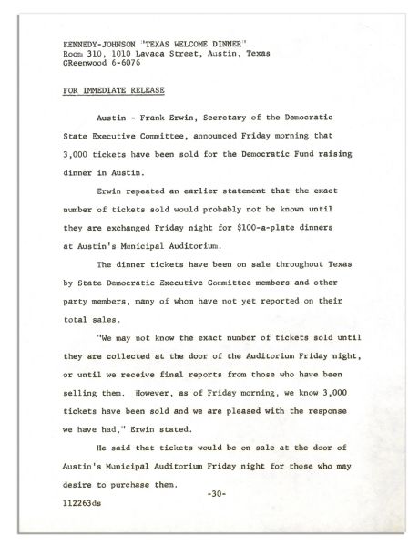 Press Kit & ''Working Program'' for the Dinner Welcoming JFK to Texas the Night of His Assassination