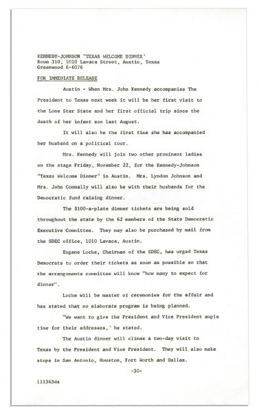 Press Kit & ''Working Program'' for the Dinner Welcoming JFK to Texas the Night of His Assassination