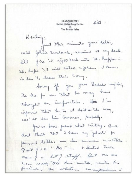 Eisenhower WWII Autograph Letter Signed to Mamie -- ''...Your mention of women flying over here is news to me. I don't know who they are!...''