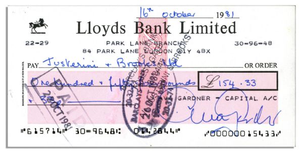 Ava Gardner Signed Personal Check