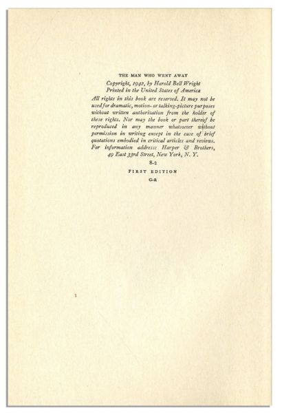 Signed First Edition of Harold Bell Wright's Last Novel, ''The Man Who Went Away'' -- With Rare Dustjacket