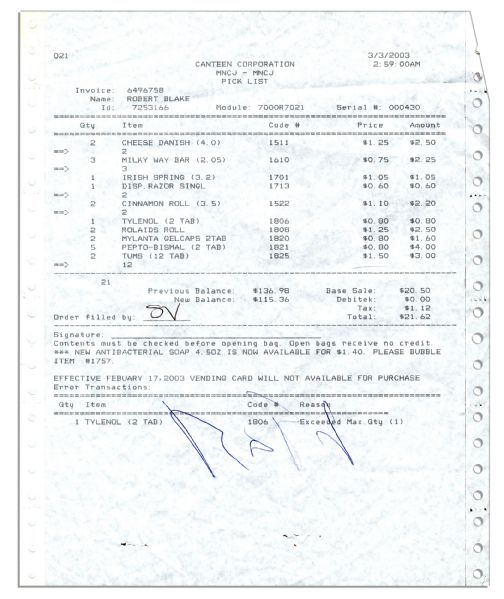 Robert Blake Signature From L.A. County Jail While Awaiting His Murder Trial -- Signed on a Receipt of Sundries Requested