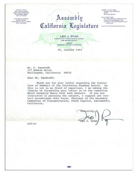 Leo Ryan 1969 Typed Letter Signed 9 Years Before His Murder at Guyana's Jonestown Massacre