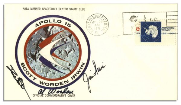 Apollo 15 Crew-Signed NASA Issued Astronaut Insurance Cover -- ''Al Worden'', ''Dave Scott'' & ''Jim Irwin'' -- Cancelled 26 July 1971 -- 6.5'' x 3.75'' -- Near Fine -- With COA From Worden