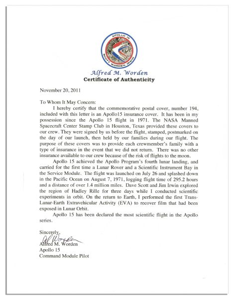 Apollo 15 Crew-Signed NASA Issued Astronaut Insurance Cover -- ''Al Worden'', ''Dave Scott'' & ''Jim Irwin'' -- Cancelled 26 July 1971 -- 6.5'' x 3.75'' -- Near Fine -- With COA From Worden