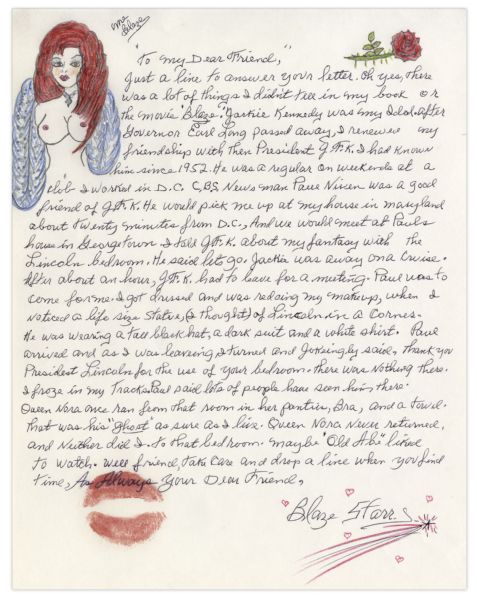 Blaze Starr Autograph Letter Signed -- Regarding a Tryst in the White House with JFK -- ''...I told J.F.K. about my fantasy with the Lincoln bedroom. He said lets go...''
