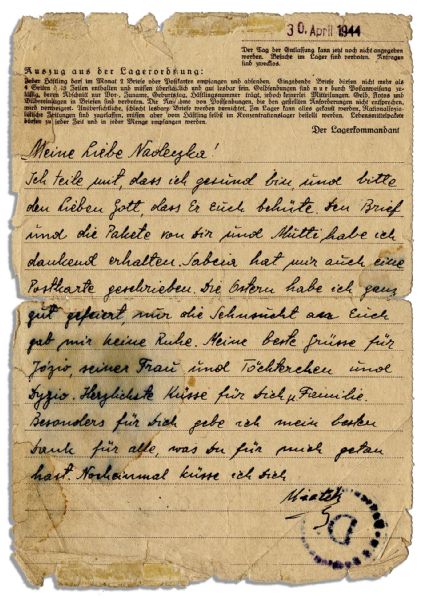 1944 Autograph Letter Signed From Sachsenhausen Concentration Camp Prisoner -- ''...I ask the dear God to protect you...''