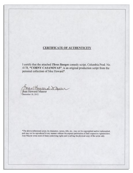 Moe Howard's Own Three Stooges' Columbia Pictures Script -- For Their 1951 Film, ''Corny Casanovas'' -- From the Personal Estate of Moe Howard