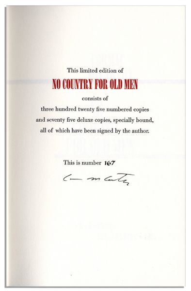 Gorgeous Signed Limited Edition of Cormack McCarthy's ''No Country For Old Men'' -- The Novel That Inspired 2007's Best Picture -- Fine