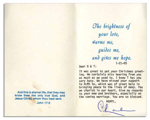 Charles ''Tex'' Watson Typed Letter Signed From Prison -- ''...We have missed your support to ALMS...You we charish [sic] in our heart...'' -- 1985