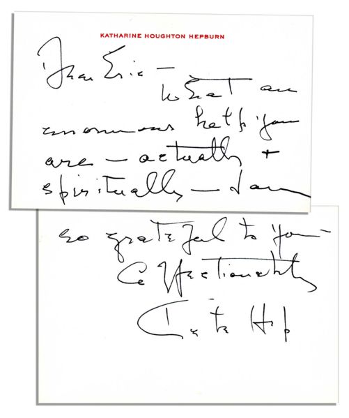 Katharine Hepburn Autograph Note Signed to Her Stylist, ''What an enormous help you are - actually + spiritually...''