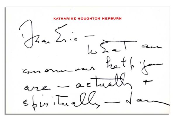 Katharine Hepburn Autograph Note Signed to Her Stylist, ''What an enormous help you are - actually + spiritually...''