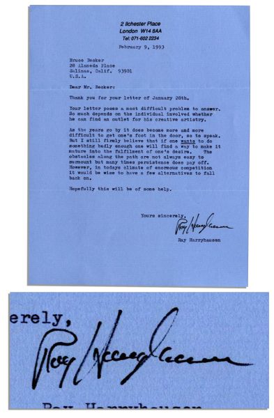 Ray Harryausen Typed Letter Signed -- ''...whether he can find an outlet for his creative artistry...''