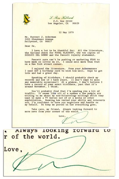 L. Ron Hubbard Signed Letter -- ''...I could sell more than that on a New York street corner...people are writing to me about my non-Scientology writings...''