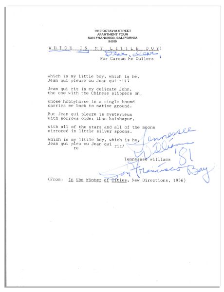 Tennessee Williams Typed Poem Signed -- ''Tennessee Williams '81 / For Francisco Bay''