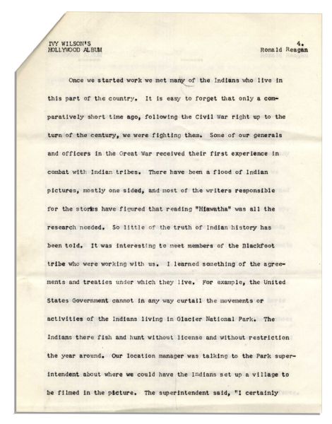 Ronald Reagan Signed Short Story About Filming ''The Cattle Queen of Montana'' -- Also With Reagan's Hand-Notations: ''Made one slight change on Page 7 otherwise I'm very happy''