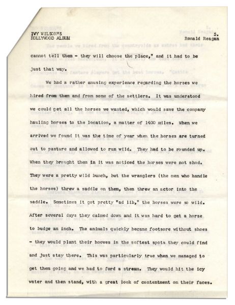 Ronald Reagan Signed Short Story About Filming ''The Cattle Queen of Montana'' -- Also With Reagan's Hand-Notations: ''Made one slight change on Page 7 otherwise I'm very happy''