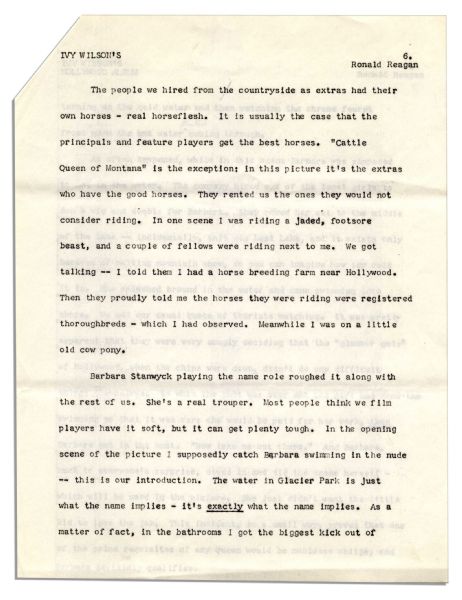 Ronald Reagan Signed Short Story About Filming ''The Cattle Queen of Montana'' -- Also With Reagan's Hand-Notations: ''Made one slight change on Page 7 otherwise I'm very happy''