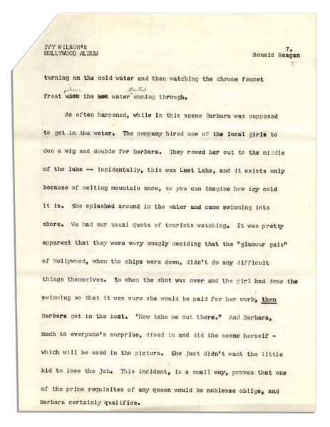 Ronald Reagan Signed Short Story About Filming ''The Cattle Queen of Montana'' -- Also With Reagan's Hand-Notations: ''Made one slight change on Page 7 otherwise I'm very happy''