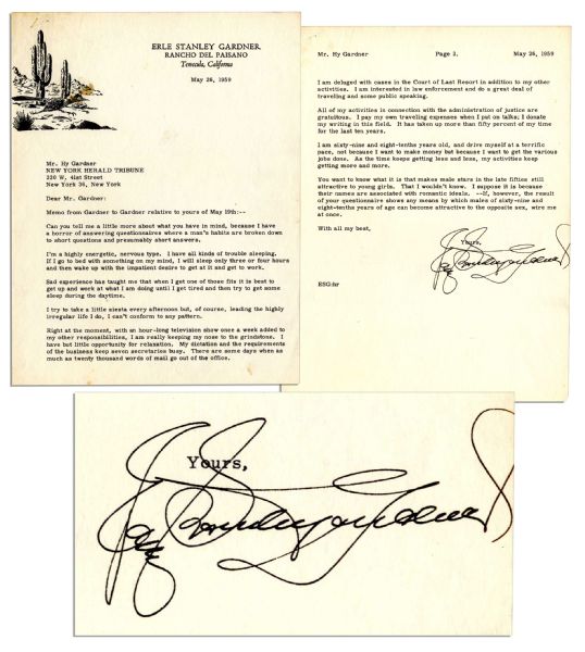 'Perry Mason'' Author Erle Stanley Gardner Typed Letter Signed -- ''...You want to know what it is that makes male stars in the late fifties still attractive to young girls...''