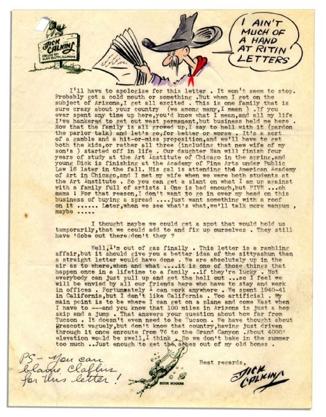 Dick Calkins Letter Signed Featuring Five Color Drawings -- ''...Don't let this Buck Rogers business fool you. About all I get is a lot of publicity, while the syndicate gets the gravy...''