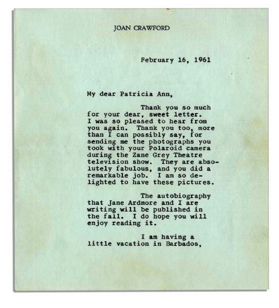 Joan Crawford Typed Letter Signed -- ''...Thank you...for sending me the photographs you took with your Polaroid camera during the Zane Grey Theatre television show...''