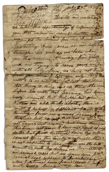 Letter Regarding the Second Cholera Pandemic -- ''...there was the last account 33 death by cholera in Princeton...'' -- 1834