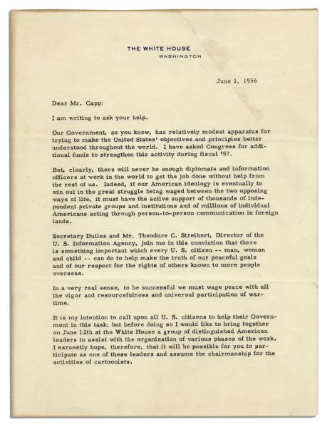 Intriguing Dwight Eisenhower Letter Signed as President to Al Capp -- ''...we must wage peace with all the vigor...of wartime...cartoonists...contribute to lessening [Cold War] world tensions...''