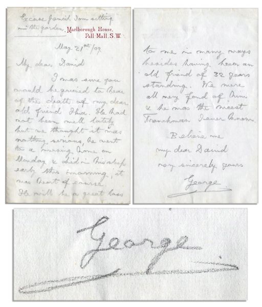 King George V Autograph Letter Signed -- ''...he was the nicest Frenchman I ever knew...''