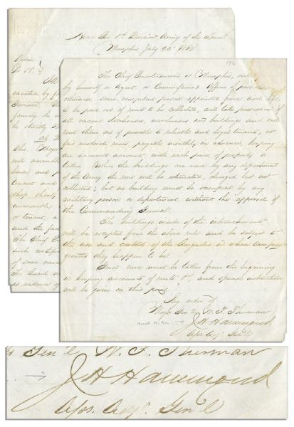 William T. Sherman's Civil War Orders Handwritten by His Assistant Following the Battle of Memphis -- ''...All houses inside the new Fort must be forthwith vacated by families...''