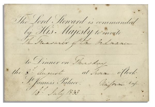 King William IV 1833 Invitation to Dinner at St. James's Palace