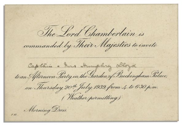 King George VI & Queen Elizabeth Buckingham Palace Invitation -- ''...to an Afternoon Party in the Garden...''