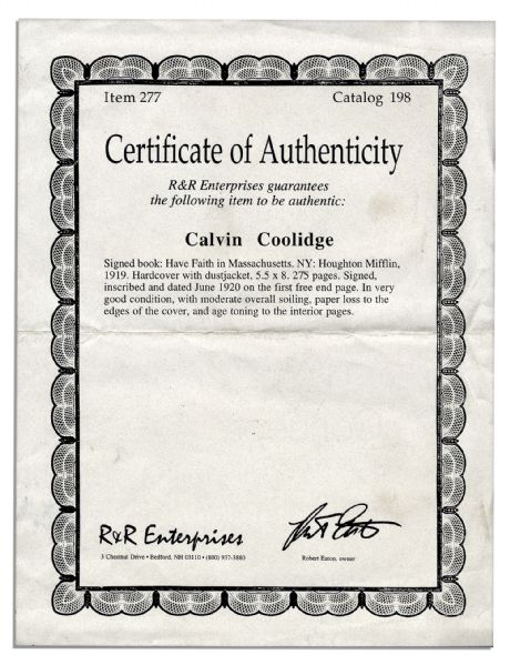 Calvin Coolidge Signed ''Have Faith in Massachusetts'' -- Signed as Governor of Massachusetts