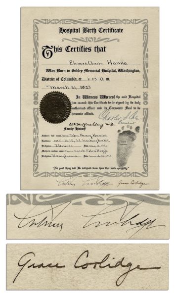 President Calvin Coolidge Signed 1927 Birth Certificate -- Also Signed by First Lady Grace Coolidge