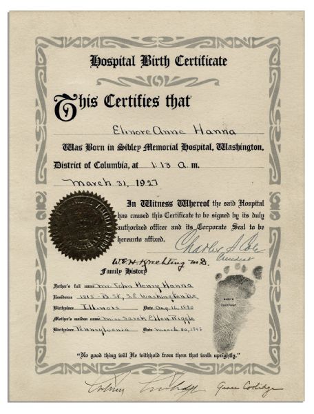 President Calvin Coolidge Signed 1927 Birth Certificate -- Also Signed by First Lady Grace Coolidge