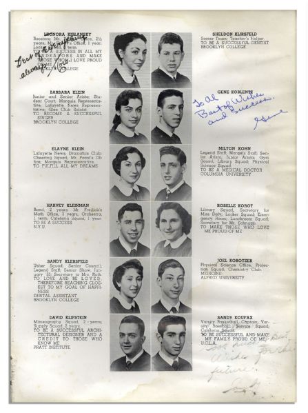 HOFer Sandy Koufax Signed High School Yearbook -- ''...To be successful and make my family proud of me...'' -- With JSA LOA