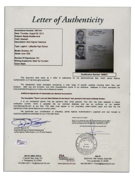 HOFer Sandy Koufax Signed High School Yearbook -- ''...To be successful and make my family proud of me...'' -- With JSA LOA