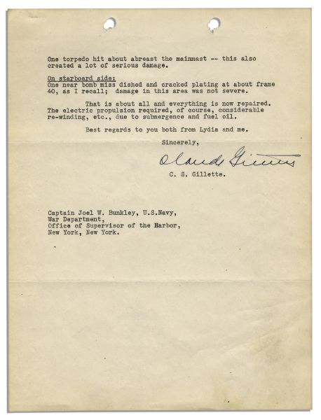 1942 Letter Detailing the Torpedo Damage on the U.S.S. California During the Attack on Pearl Harbor
