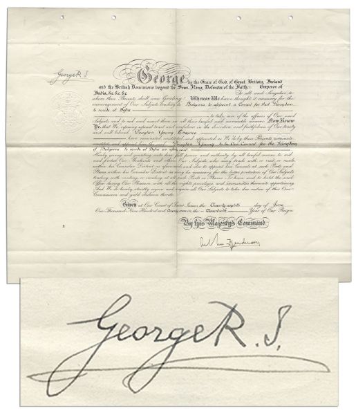 King George V 1929 Document Signed -- Large Document Measures 21'' x 16.5''