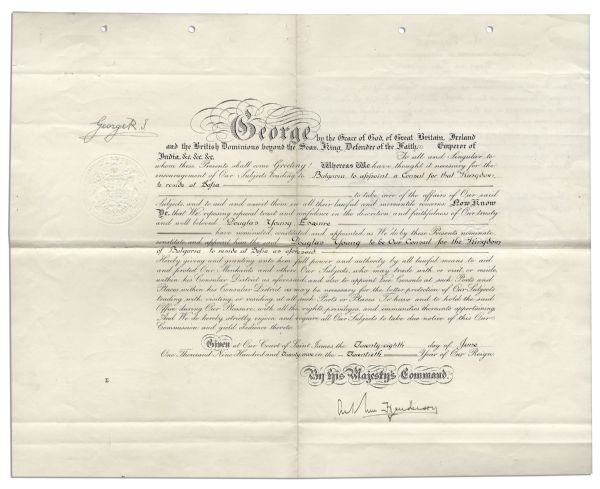 King George V 1929 Document Signed -- Large Document Measures 21'' x 16.5''