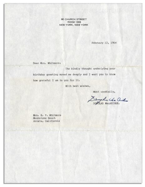 Douglas MacArthur Typed Letter Signed Less Than 2 Months Before His Death -- ''...The kindly thought underlying your birthday greeting moved me deeply...''