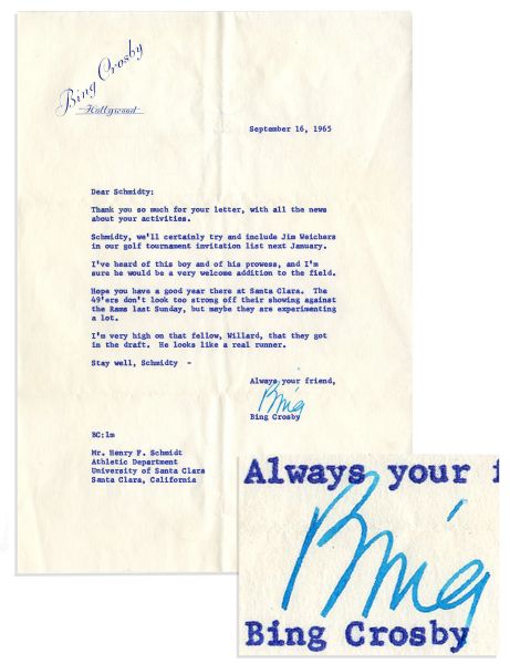 Bing Crosby Typed Letter Signed -- ''...I've heard of this boy and his prowess...'' -- 1965