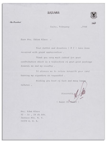 Egyptian President Anwar El Sadat Typed Letter Signed