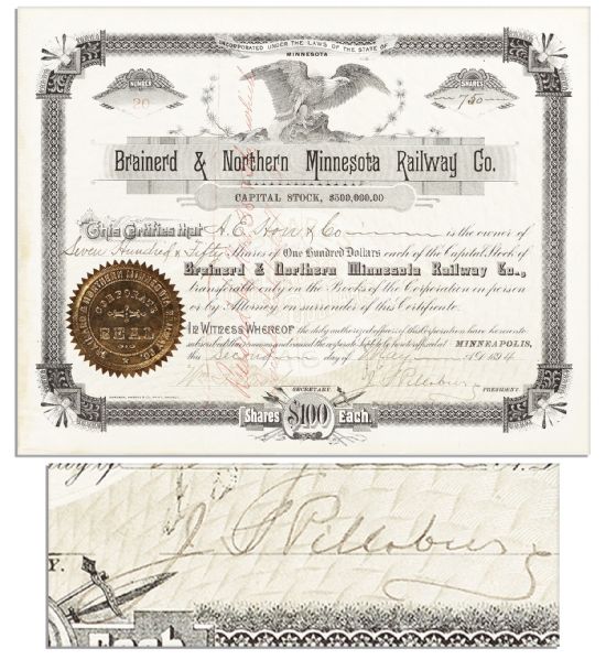 John S. Pillsbury Signed Stock Certificate