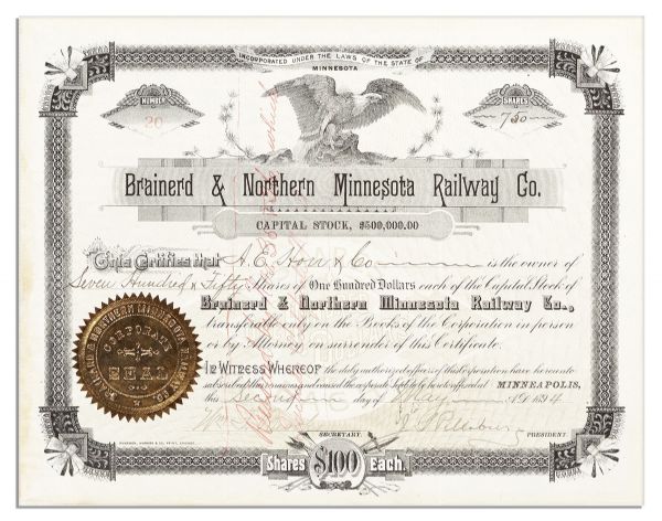 John S. Pillsbury Signed Stock Certificate