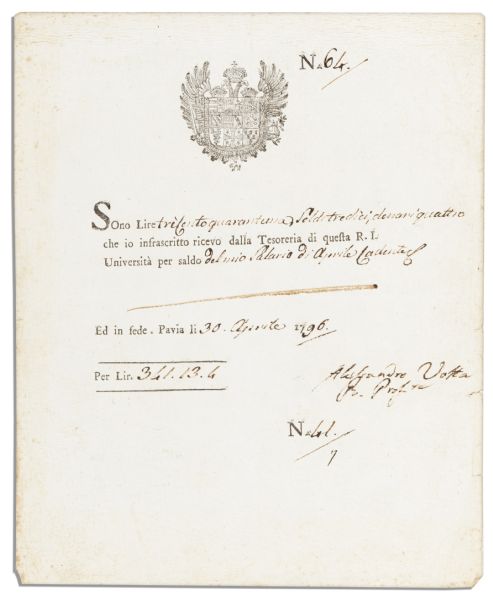 Famed Italian Inventor of the Battery Alessandro Volta Document Signed