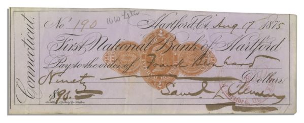Mark Twain Check Signed as Samuel Clemens
