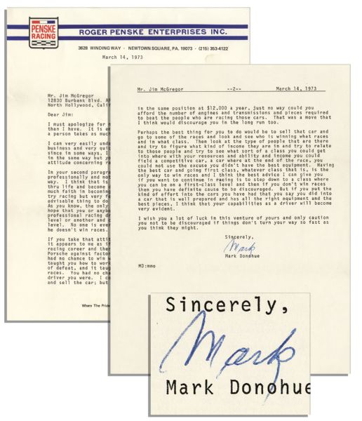 Indianapolis 500 Winner Mark Donohue Who Died Tragically & Young in a Race, 1973 Typed Letter Signed -- ''...No one is ever going to become a professional driver if he doesn't win races...''
