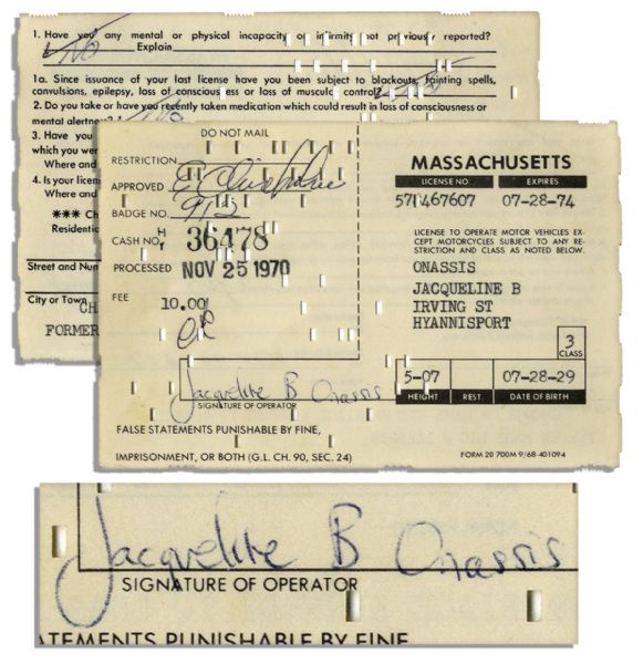 Driver License Application Signed & Filled Out by Jackie Kennedy Onassis When She Remarried & Took Onassis' Name in 1970